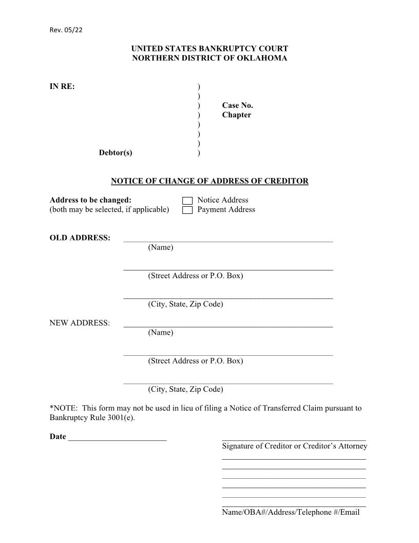 Notice Of Change Of Address Of Creditor | Pdf Fpdf Doc Docx | Oklahoma