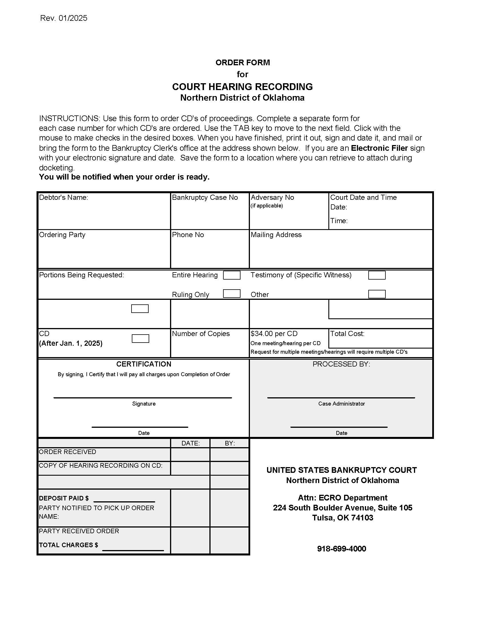 Order Form For Court Hearing Recording | Pdf Fpdf Docx | Oklahoma