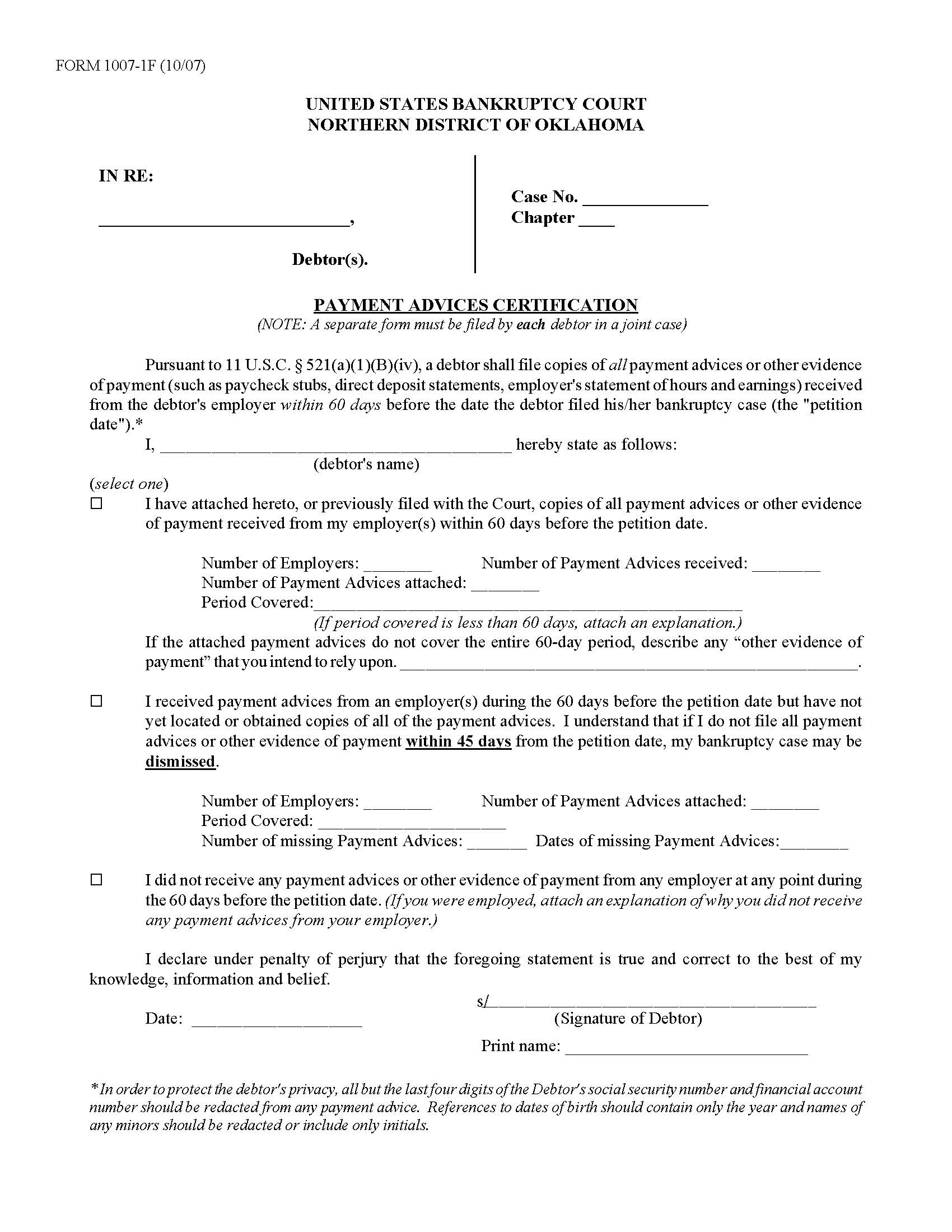 Payment Advices Certification {1007-1F} | Pdf Fpdf Doc Docx | Oklahoma