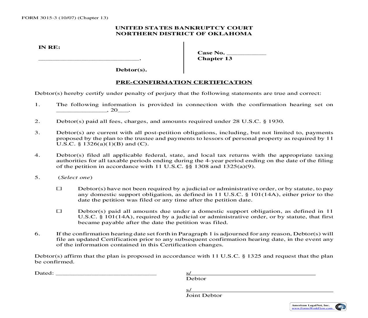 Pre Confirmation Certification (Chapter 13) {3015-3} | Pdf Fpdf Doc Docx | Oklahoma
