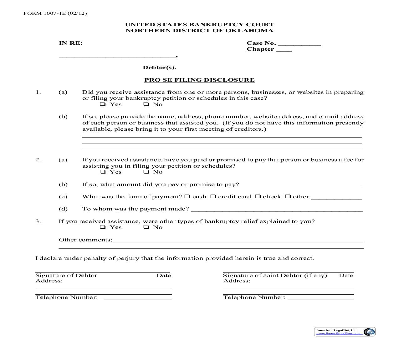 Pro Se Filing Disclosure {1007-1E} | Pdf Fpdf Doc Docx | Oklahoma