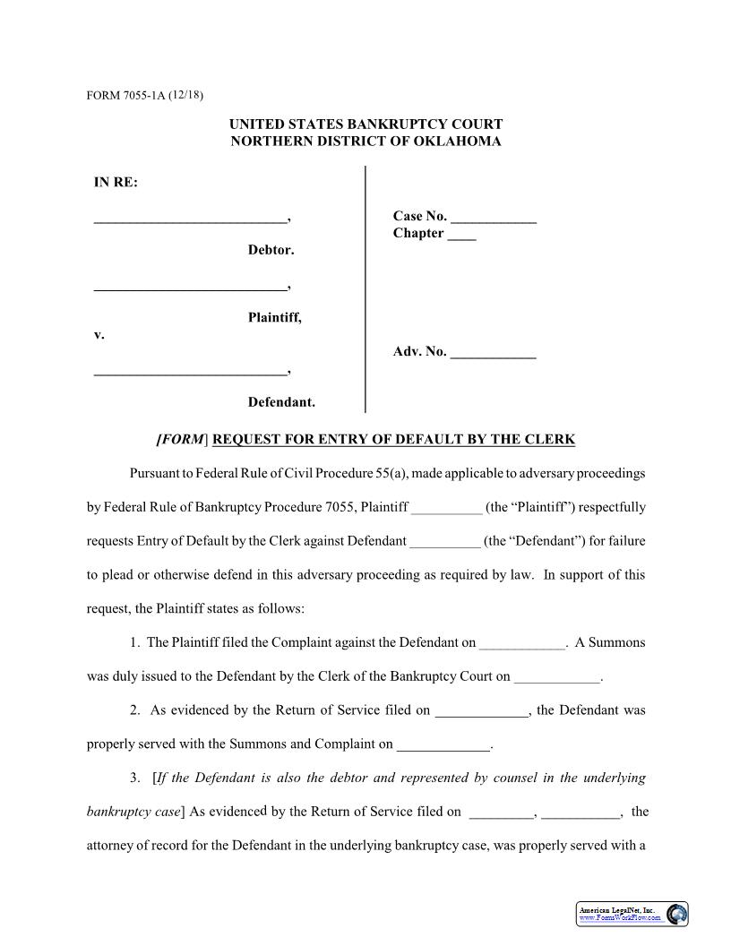 Request For Entry Of Default By The Clerk {7055-1A} | Pdf Fpdf Docx | Oklahoma