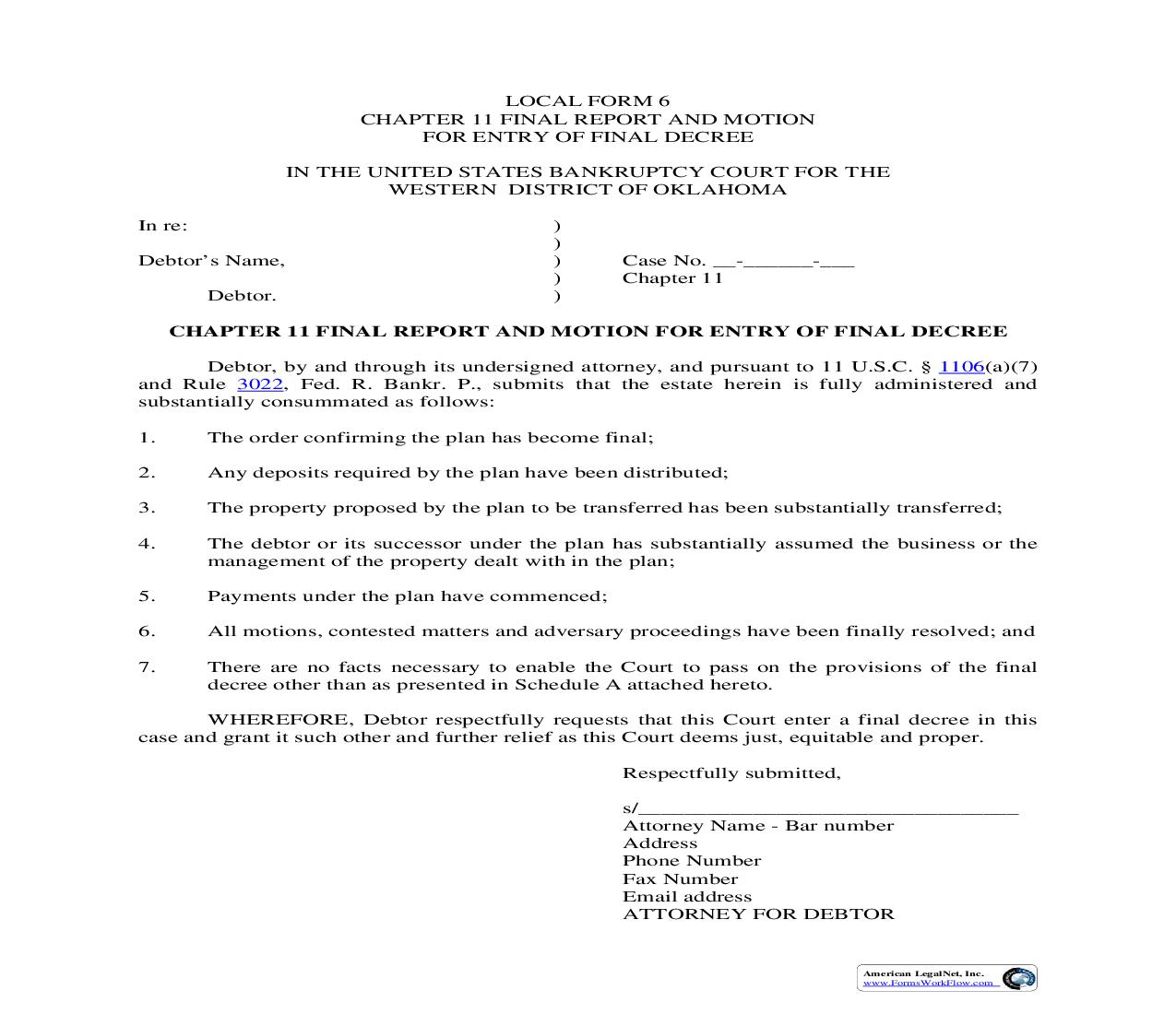 Chapter 11 Final Report And Motion For Entry Of Final Decree {LF 6} | Pdf Fpdf Doc Docx | Oklahoma