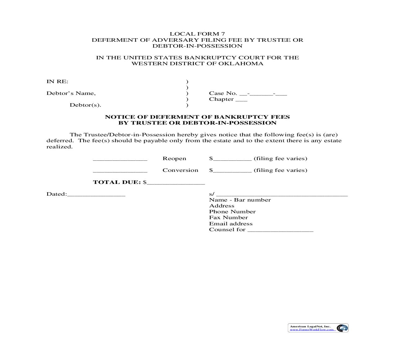 Deferment Of Adversary Filing Fee By Trustree Or Debtor In Possession {LF 7} | Pdf Fpdf Doc Docx | Oklahoma
