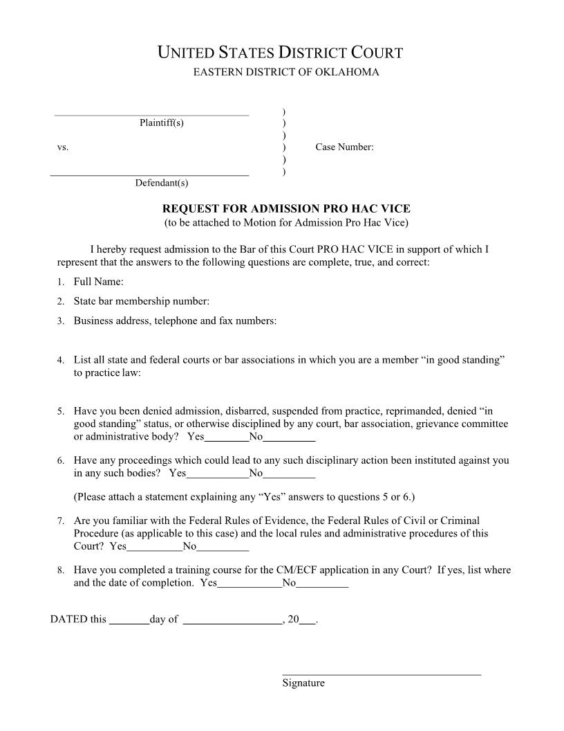 Application For Admission Pro Hac Vice | Pdf Fpdf Doc Docx | Oklahoma