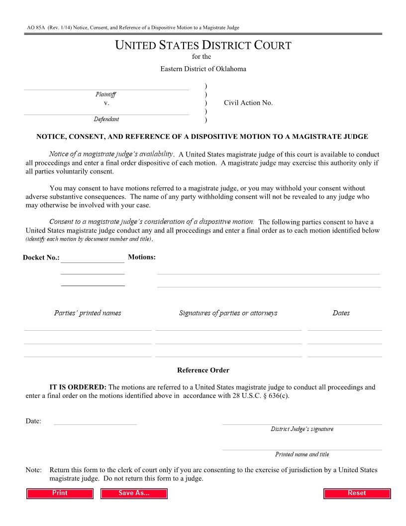 Consent Form Consent to Magistrate Dispositive Motion | Pdf Fpdf Docx | Oklahoma