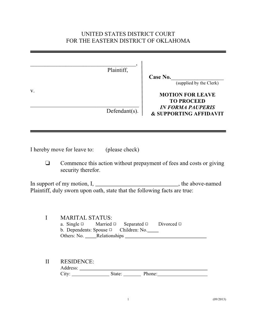 Motion For Leave To Proceed In Forma Pauperis | Pdf Fpdf Docx | Oklahoma