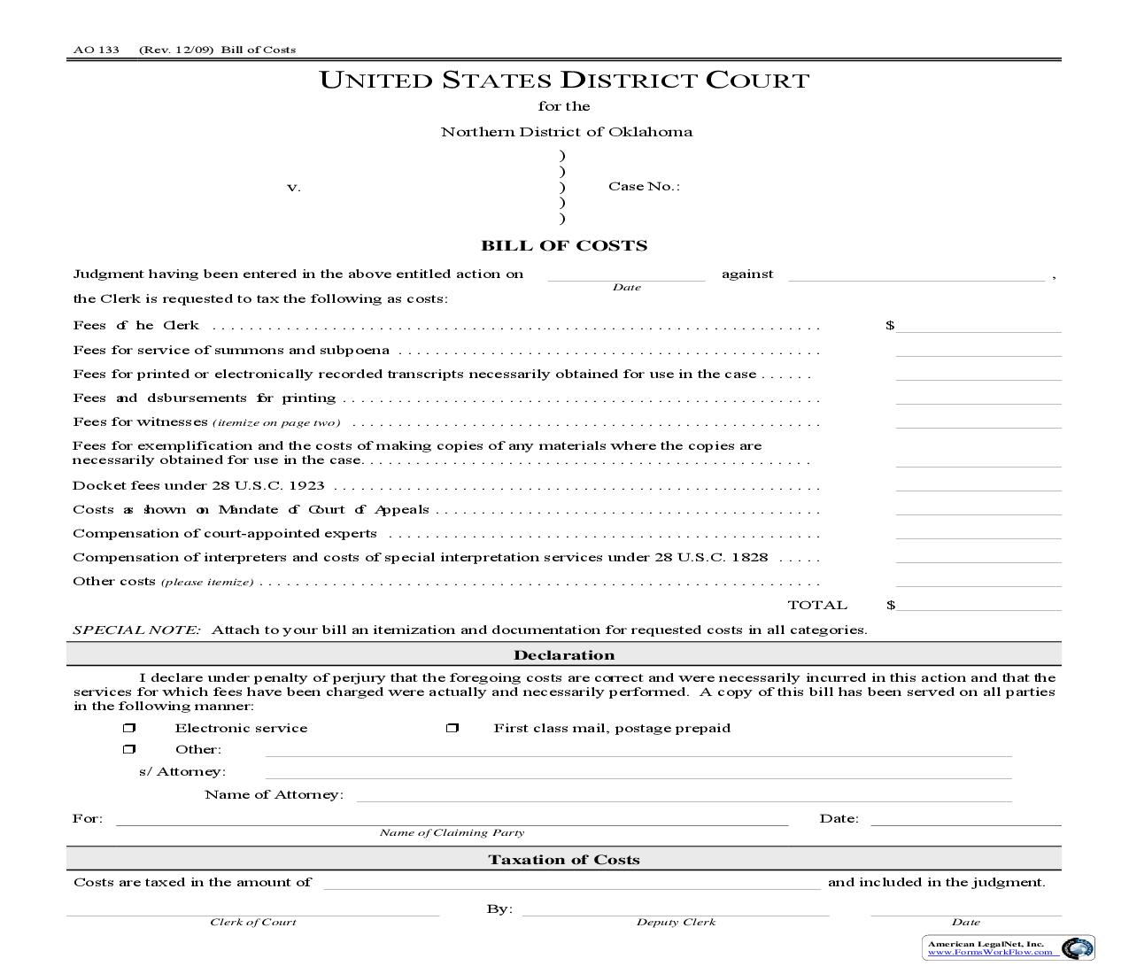 Bill Of Costs {AO-133} | Pdf Fpdf Doc Docx | Oklahoma