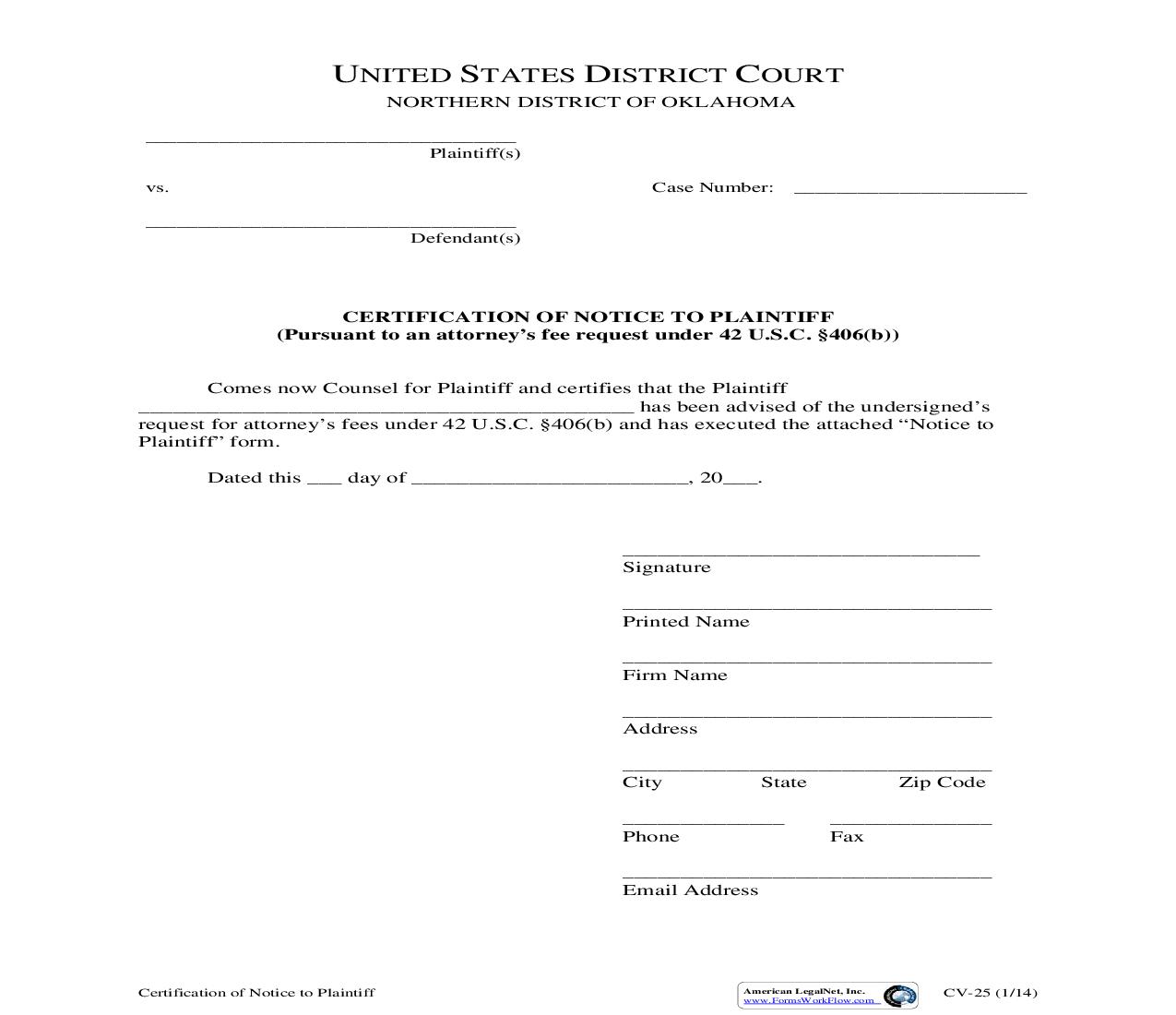 Certificate Of Notice To Plaintiff {CV-25} | Pdf Fpdf Doc Docx | Oklahoma