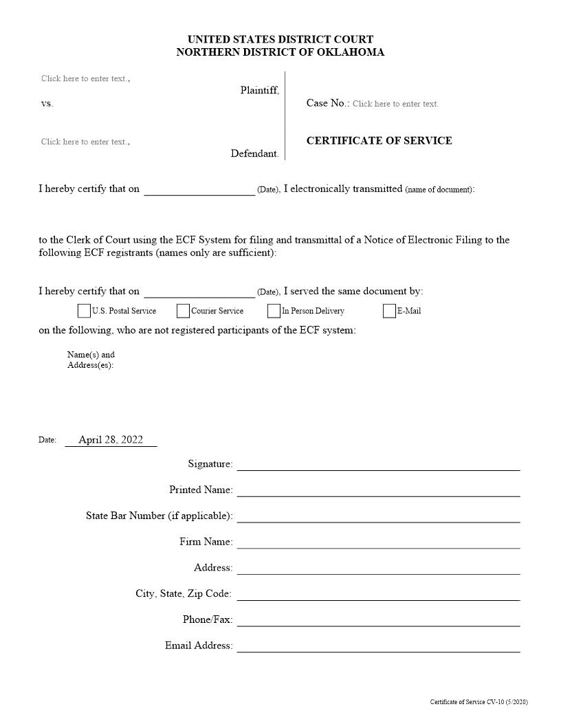 Certificate Of Service {CV-10} | Pdf Fpdf Doc Docx | Oklahoma
