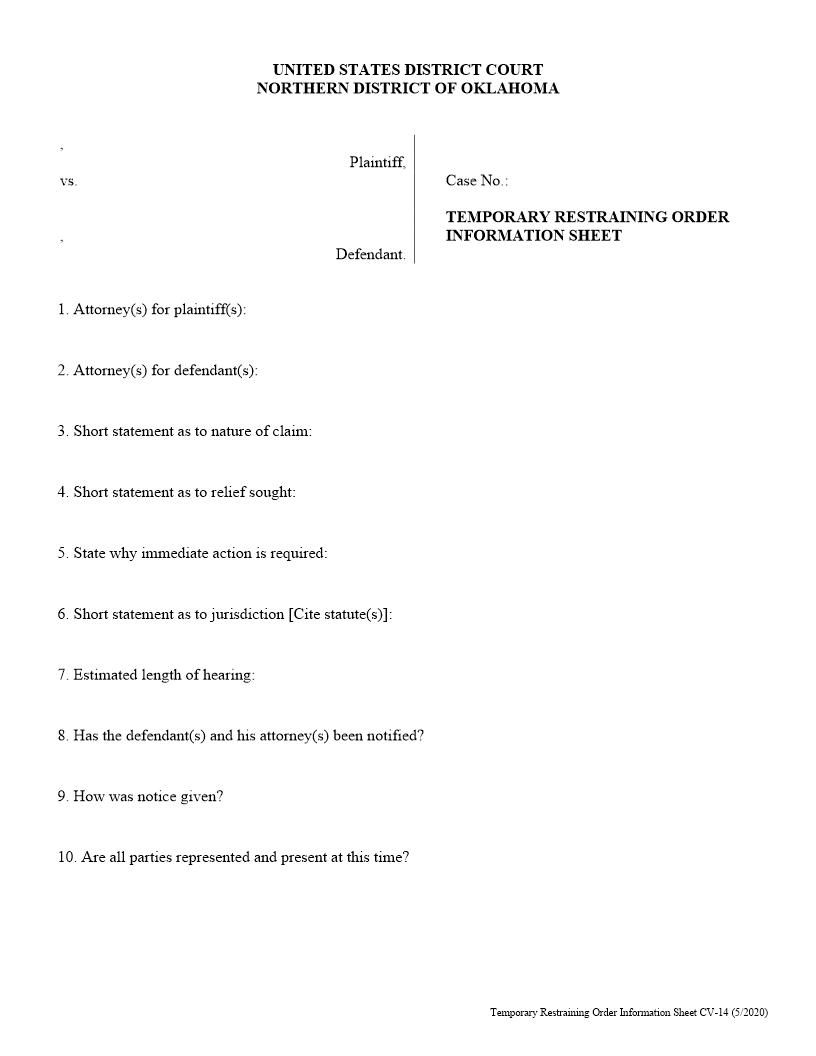 Information Sheet For Temporary Restraining Order {CV-14} | Pdf Fpdf Doc Docx | Oklahoma