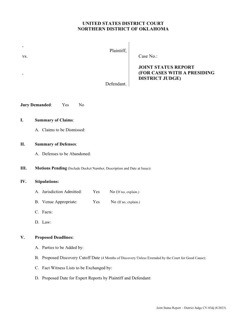 Joint Status Report {CV-03} | Pdf Fpdf Doc Docx | Oklahoma