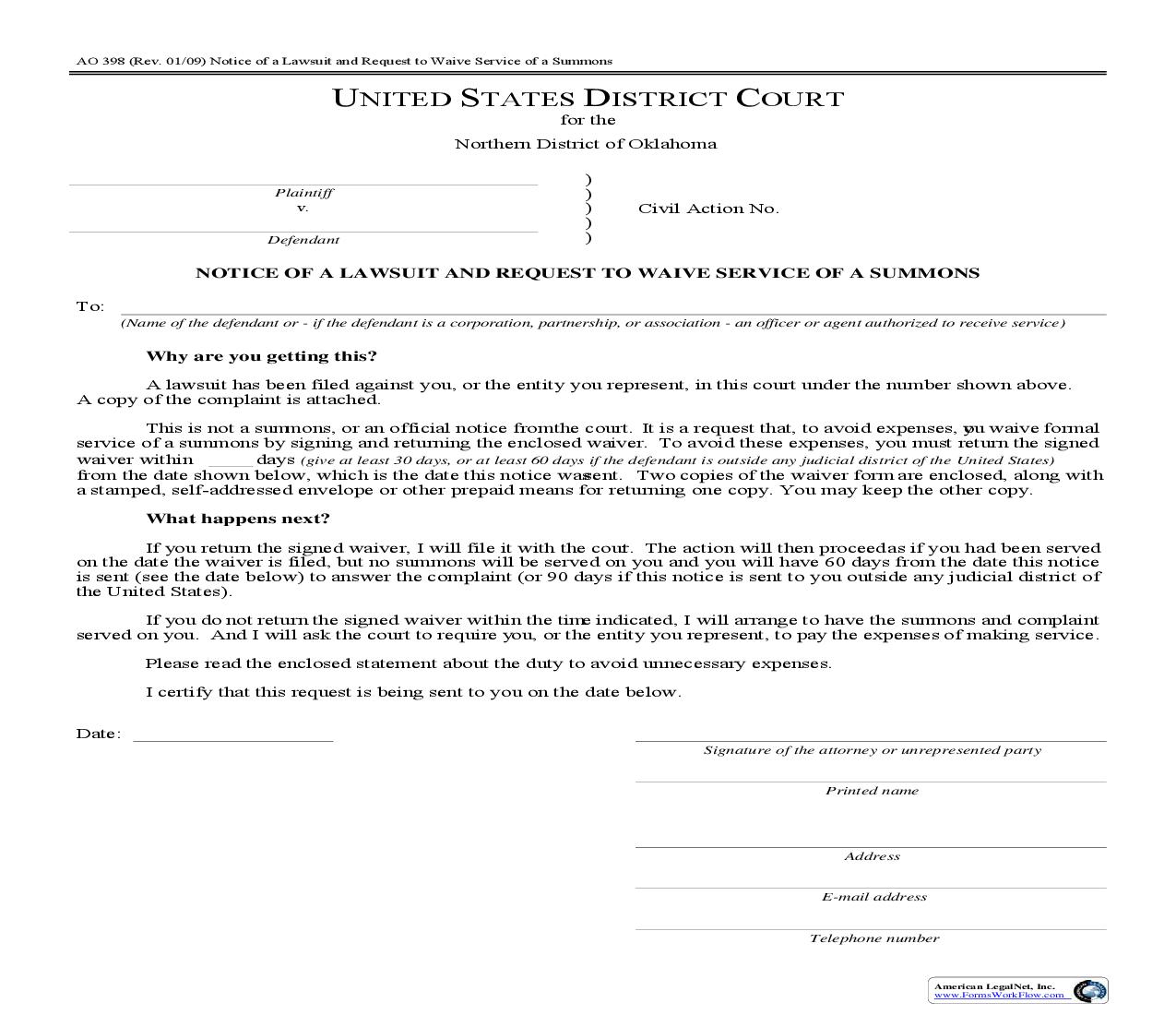 Notice Of A Lawsuit And Request To Waive Service Of A Summons {AO-398} | Pdf Fpdf Doc Docx | Oklahoma