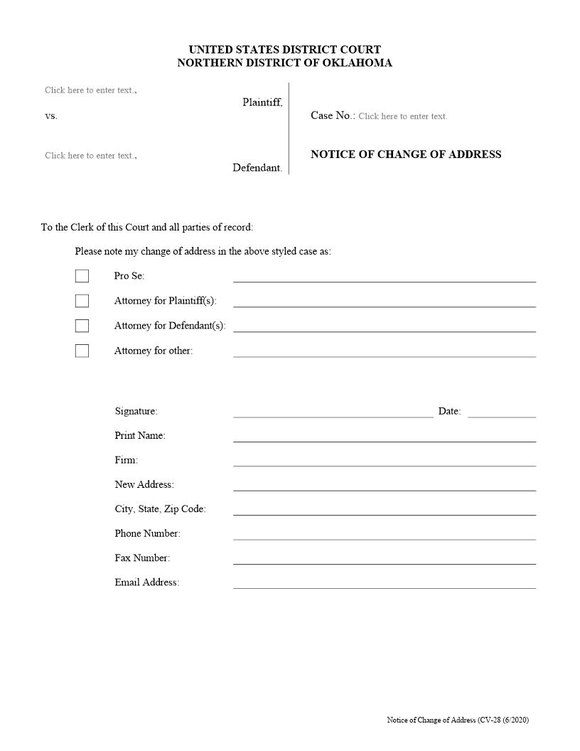 Notice Of Change Of Address {CV-28} | Pdf Fpdf Doc Docx | Oklahoma