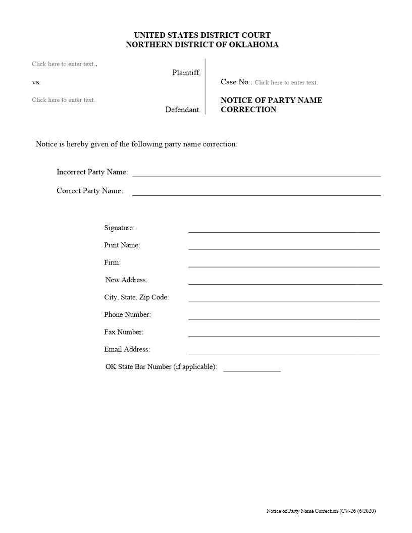 Notice Of Party Name Correction {CV-26} | Pdf Fpdf Doc Docx | Oklahoma
