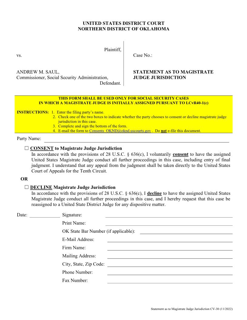 Statement As To Magistrate Judge Jurisdiction {CV-30} | Pdf Fpdf Doc Docx | Oklahoma
