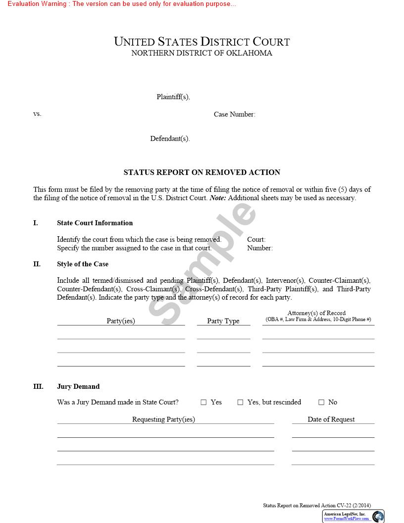 Status Report On Removed Action {CV-22} | Pdf Fpdf Doc Docx | Oklahoma