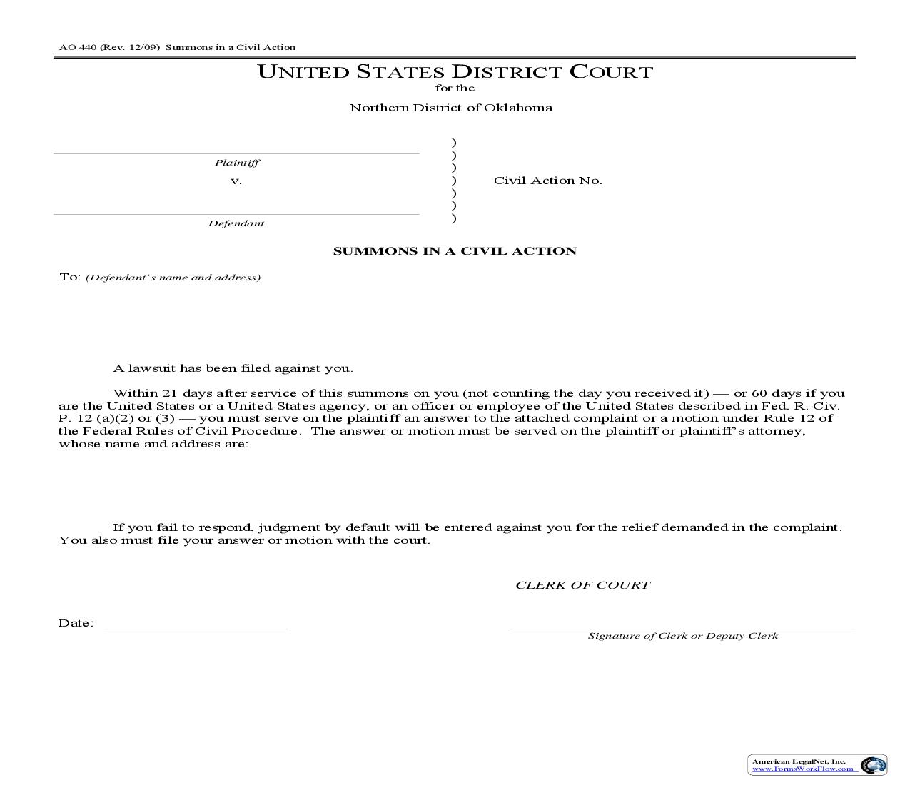 Summons In A Civil Action {AO-440} | Pdf Fpdf Doc Docx | Oklahoma