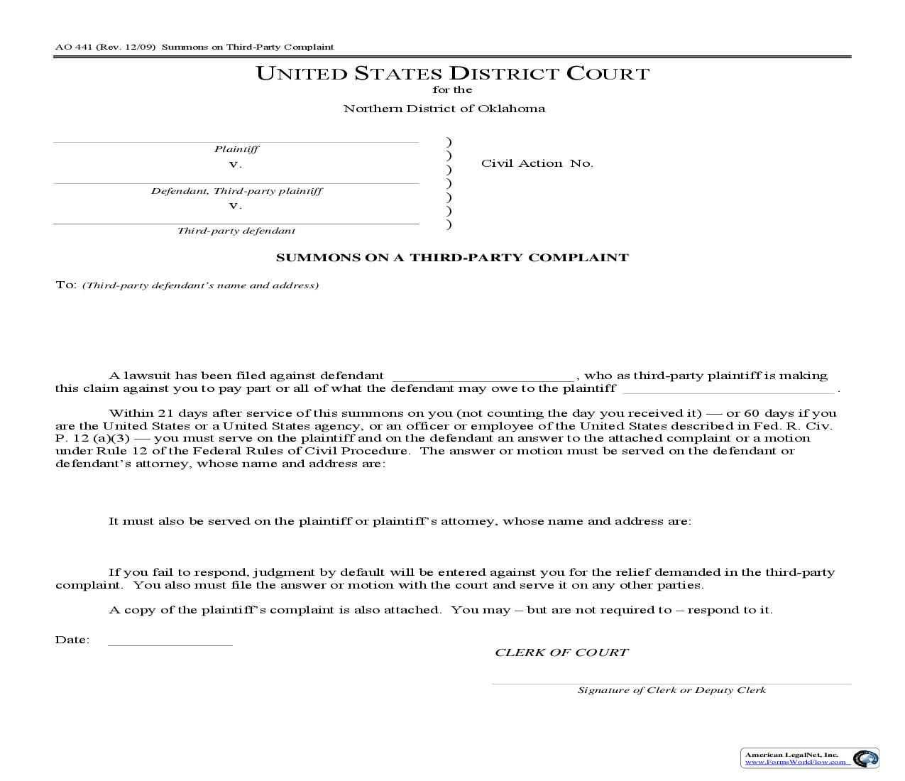 Summons On A Third-Party Complaint {AO-441} | Pdf Fpdf Doc Docx | Oklahoma
