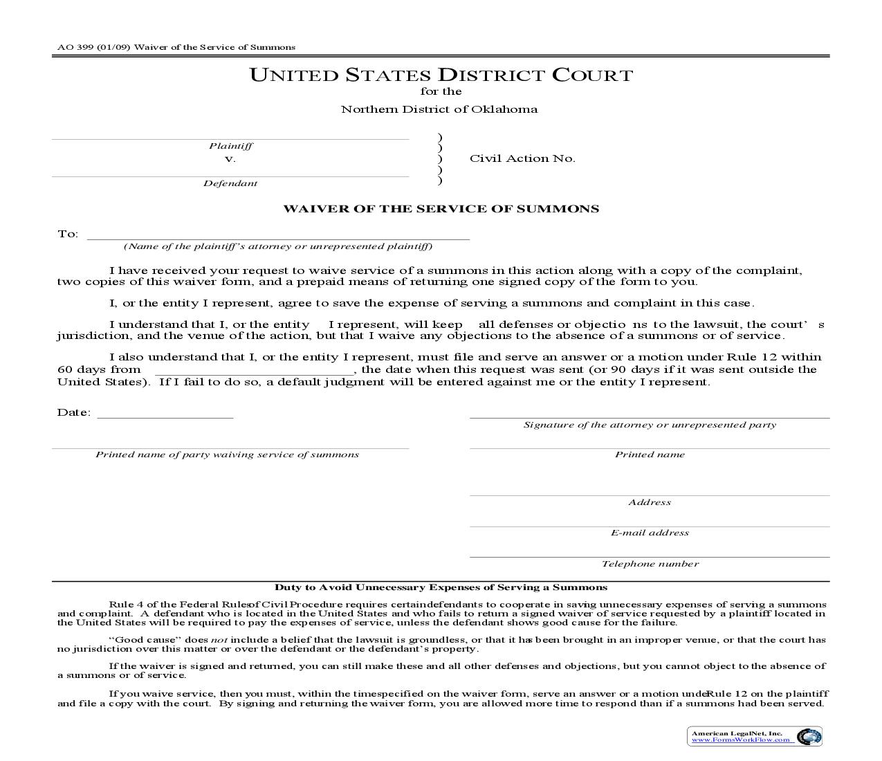 Waiver Of The Service Of Summons {AO-399} | Pdf Fpdf Doc Docx | Oklahoma