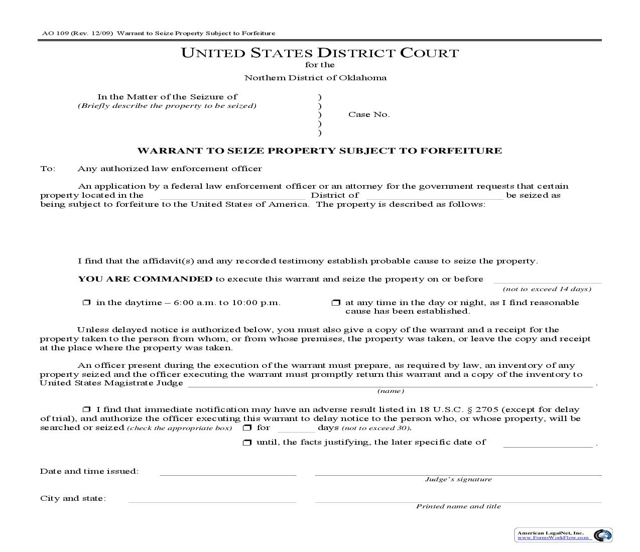 Warrant To Seize Property Subject To Forfeiture {AO-109} | Pdf Fpdf Doc Docx | Oklahoma