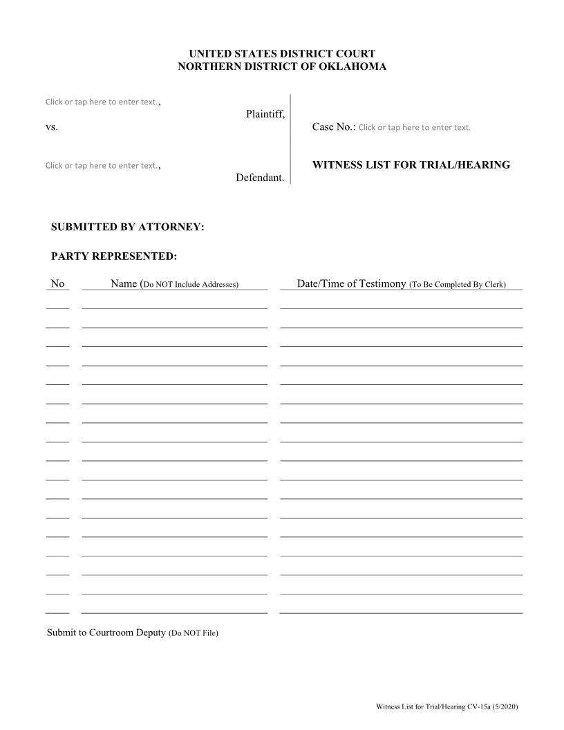 Witness List For Trial Hearing {CV-15A} | Pdf Fpdf Doc Docx | Oklahoma