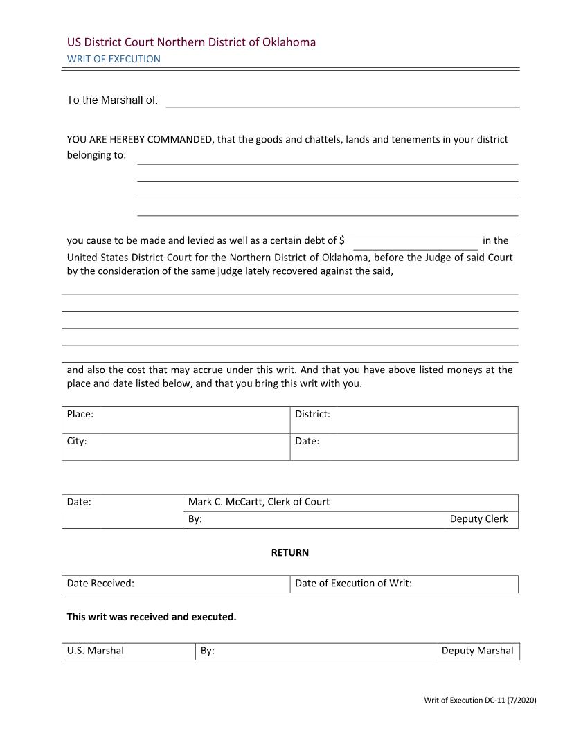 Writ Of Execution {DC-11} | Pdf Fpdf Doc Docx | Oklahoma