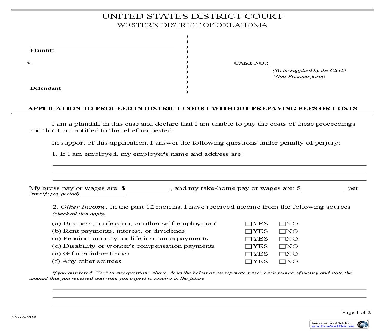 Application To Proceed In District Court Without Prepaying Fees Or Costs (Non-Prisoner) | Pdf Fpdf Doc Docx | Oklahoma