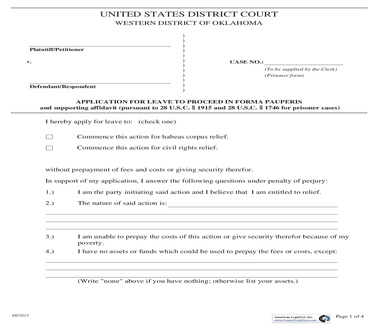 Application To Proceed In District Court Without Prepaying Fees Or Costs (Prisoner) | Pdf Fpdf Doc Docx | Oklahoma