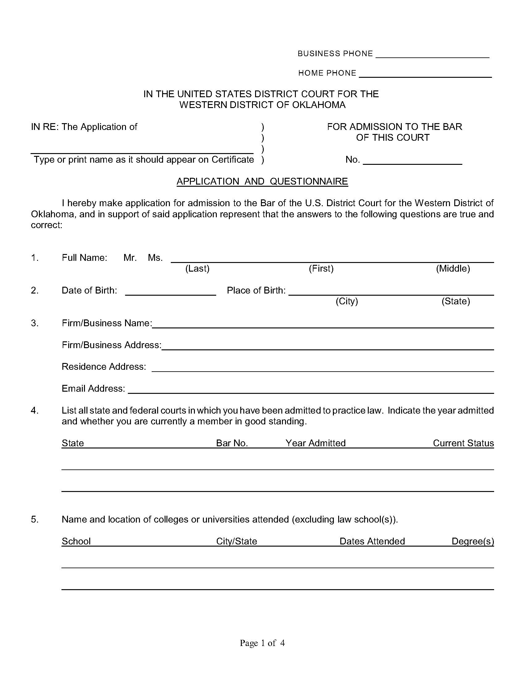 Attorney Admissions And Application Form | Pdf Fpdf Doc Docx | Oklahoma