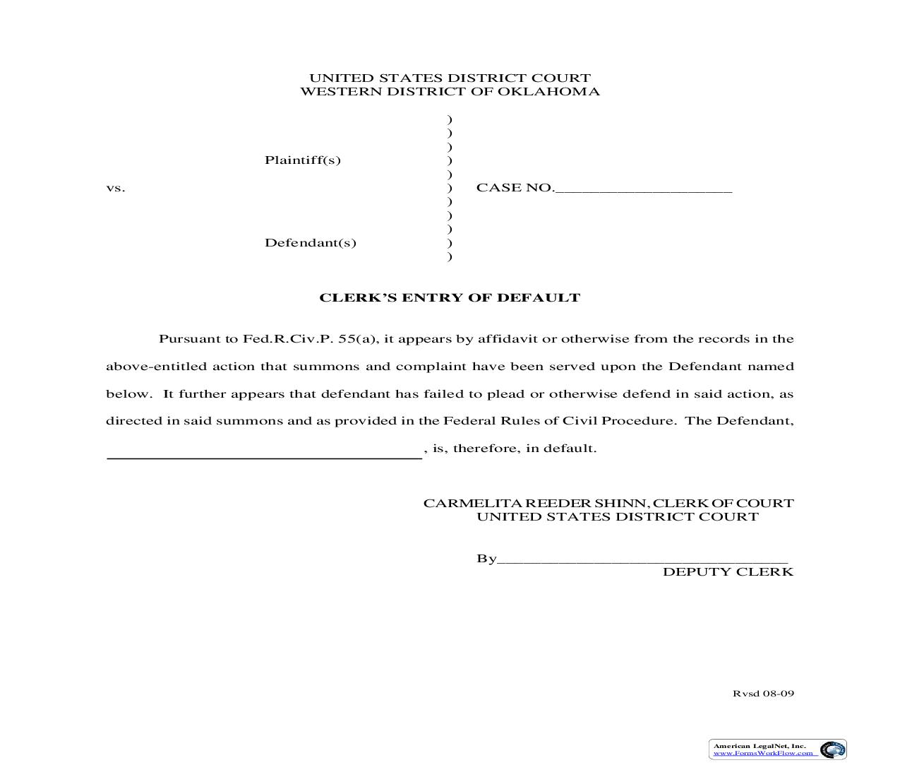Clerks Entry Of Default | Pdf Fpdf Doc Docx | Oklahoma