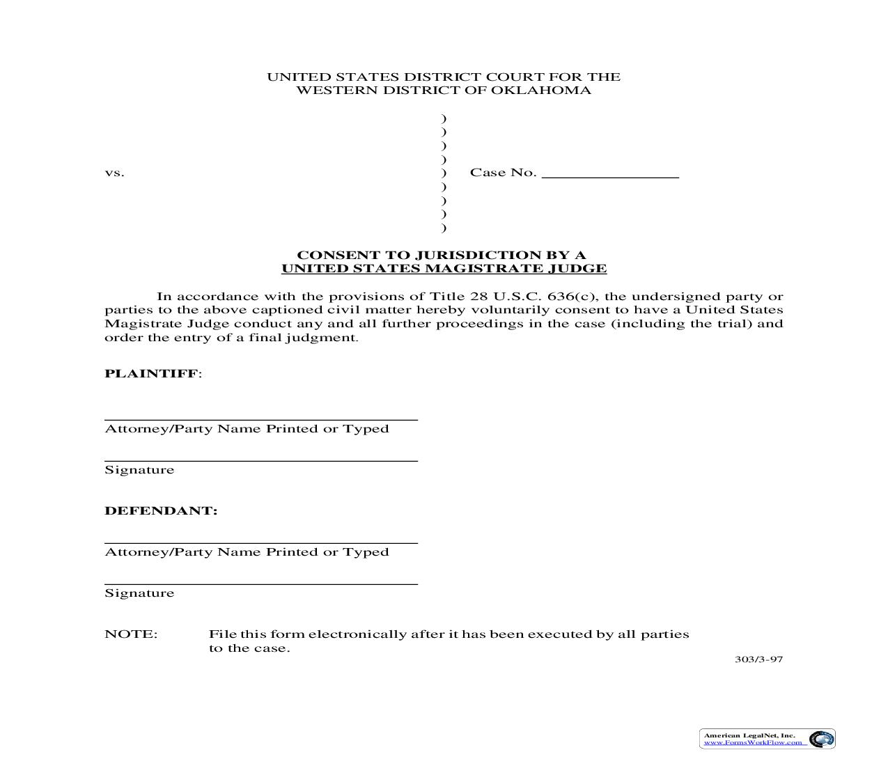 Consent To Jurisdiction By A US Magistrate Judge - (Use Only For General Consents And S.S. Cases Before 01-2017) | Pdf Fpdf Doc Docx | Oklahoma