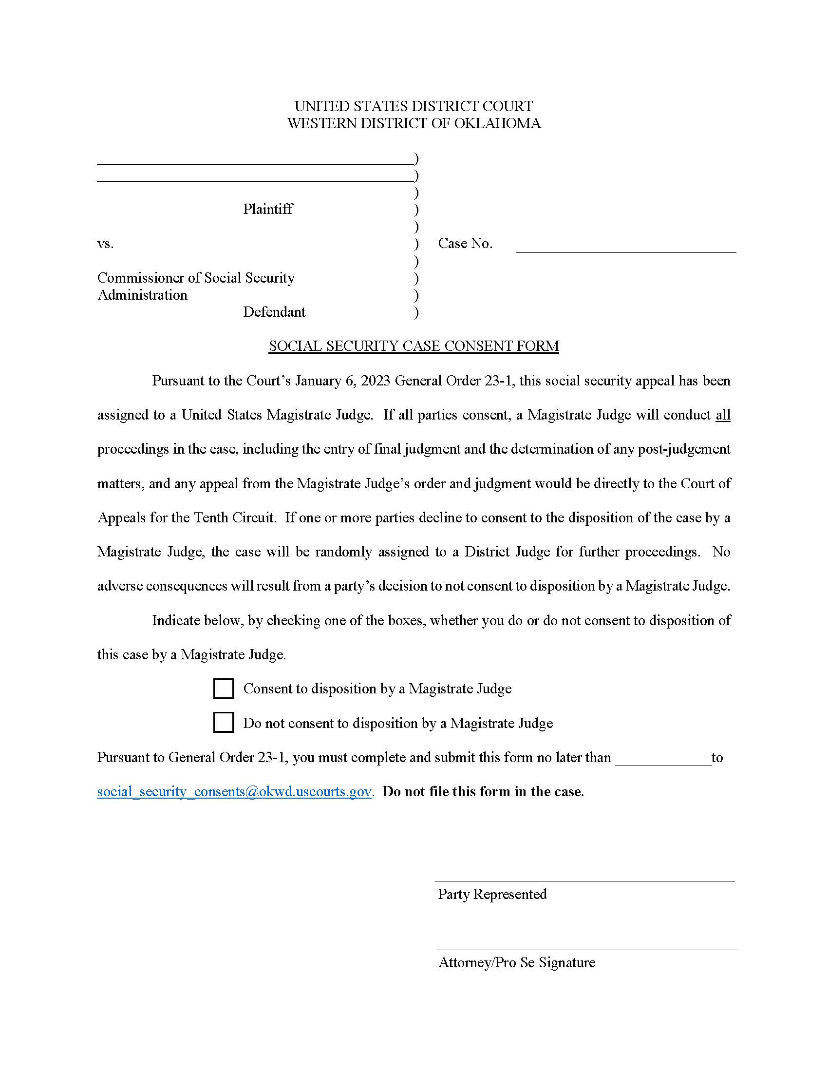 Consent To Magistrate Judge (Social Security Case) | Pdf Fpdf Docx | Oklahoma