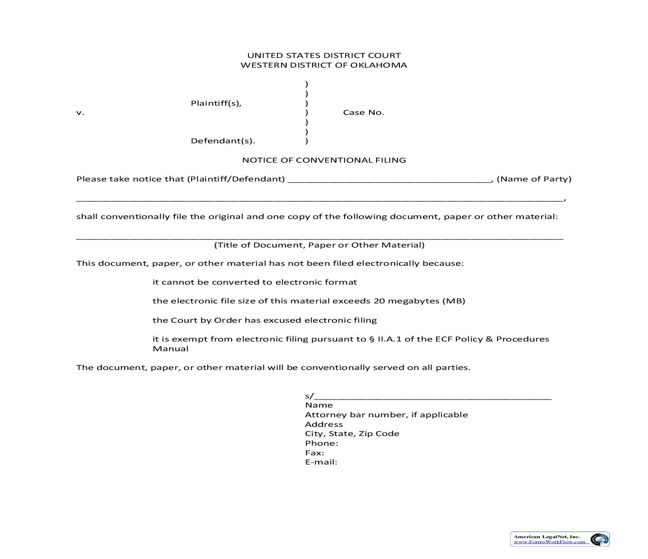 ECF Notice Of Conventional Filing | Pdf Fpdf Doc Docx | Oklahoma
