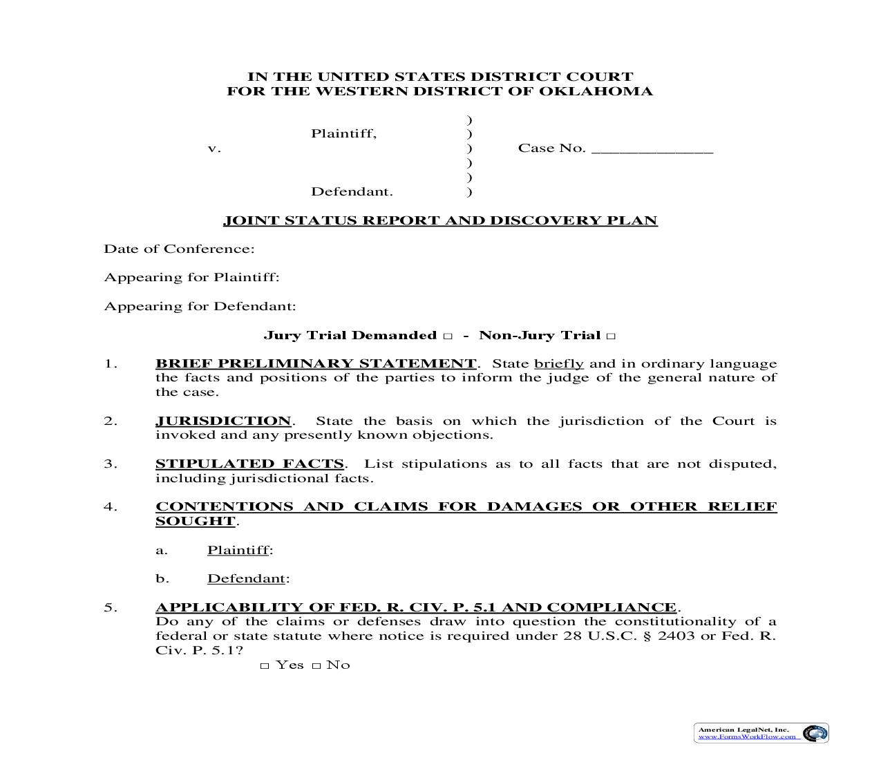 Joint Status Report And Discovery Plan | Pdf Fpdf Doc Docx | Oklahoma