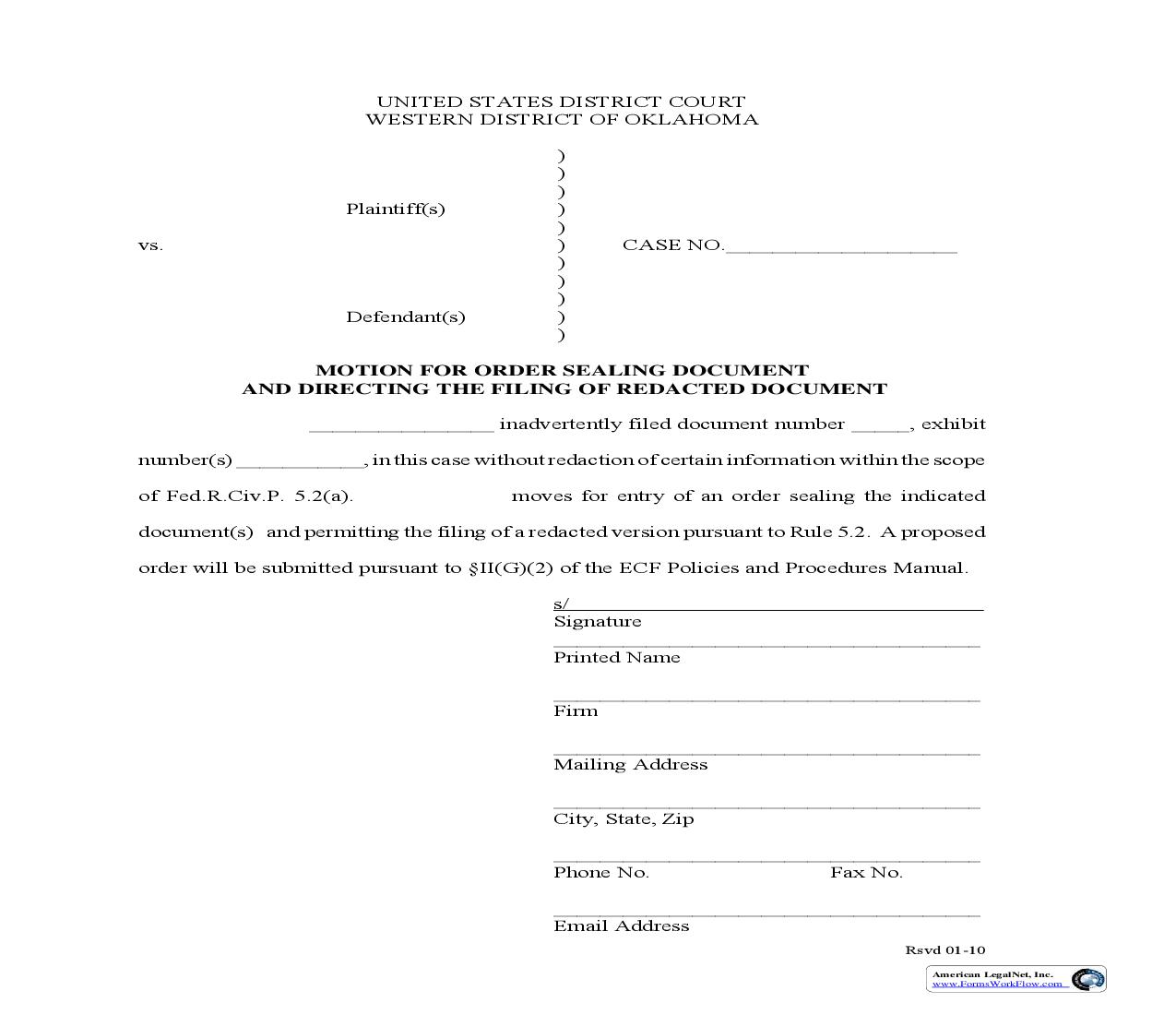 Motion For Order Sealing Document And Directing The FIling Of Redacted Document | Pdf Fpdf Doc Docx | Oklahoma
