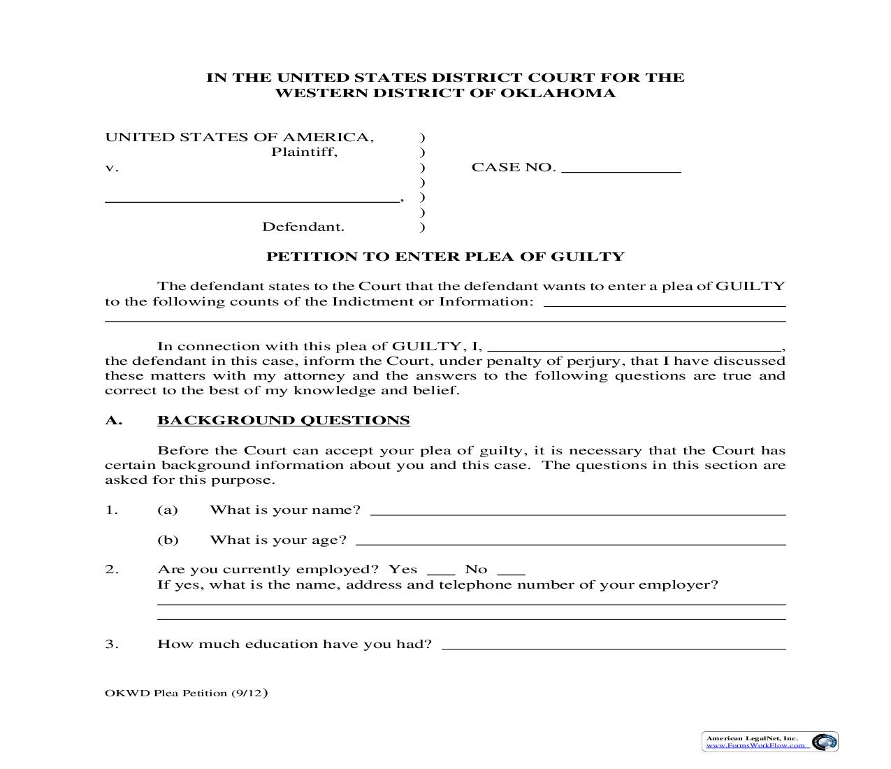 Petition To Enter Plea Of Guilty | Pdf Fpdf Doc Docx | Oklahoma