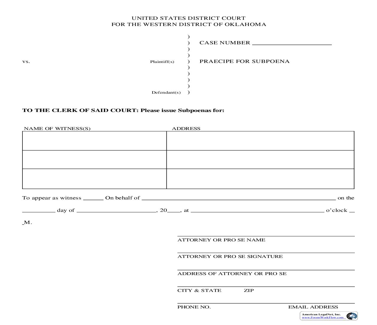 Praecipe For Subpoena | Pdf Fpdf Doc Docx | Oklahoma
