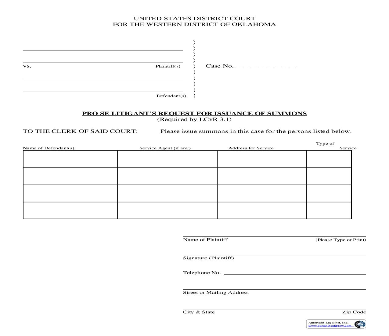 Pro Se Litigants Request For Issuance Of Summons | Pdf Fpdf Doc Docx | Oklahoma