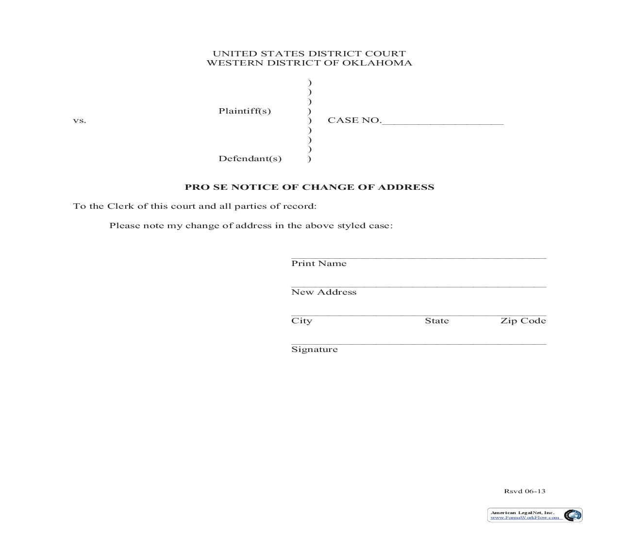 Pro Se Notice Of Change Of Address | Pdf Fpdf Doc Docx | Oklahoma