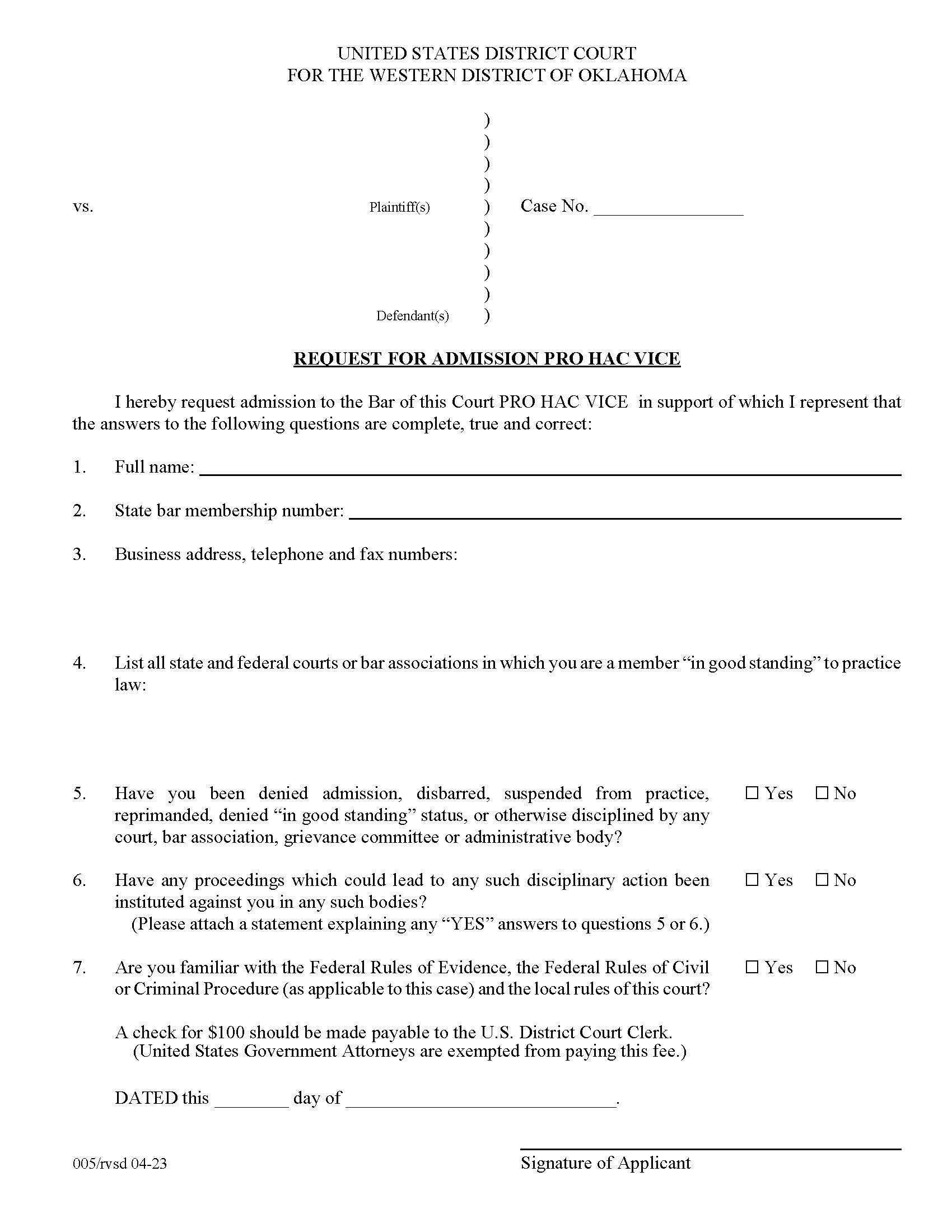 Request For Admission Pro Hac Vice | Pdf Fpdf Doc Docx | Oklahoma