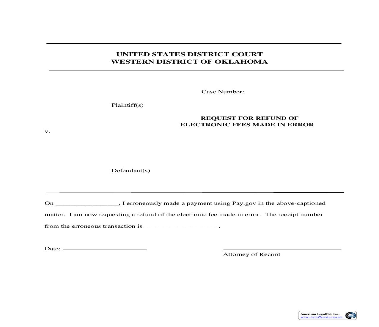 Request For Refund Of Electronic Fees Made In Error | Pdf Fpdf Doc Docx | Oklahoma