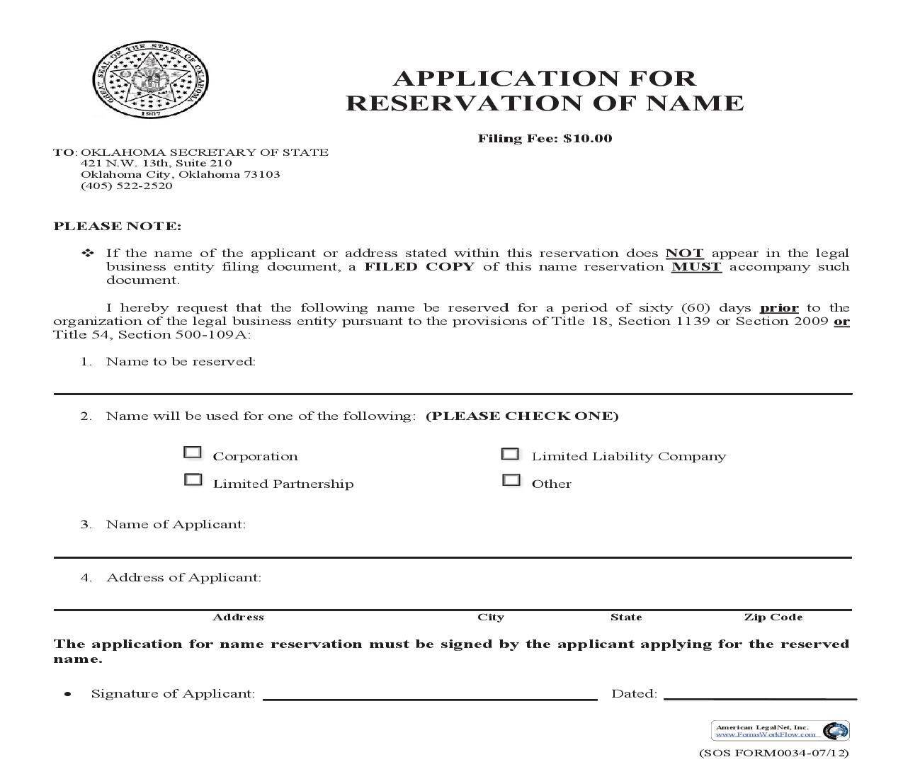Application For Reservation Of Name {0034} | Pdf Fpdf Doc Docx | Oklahoma