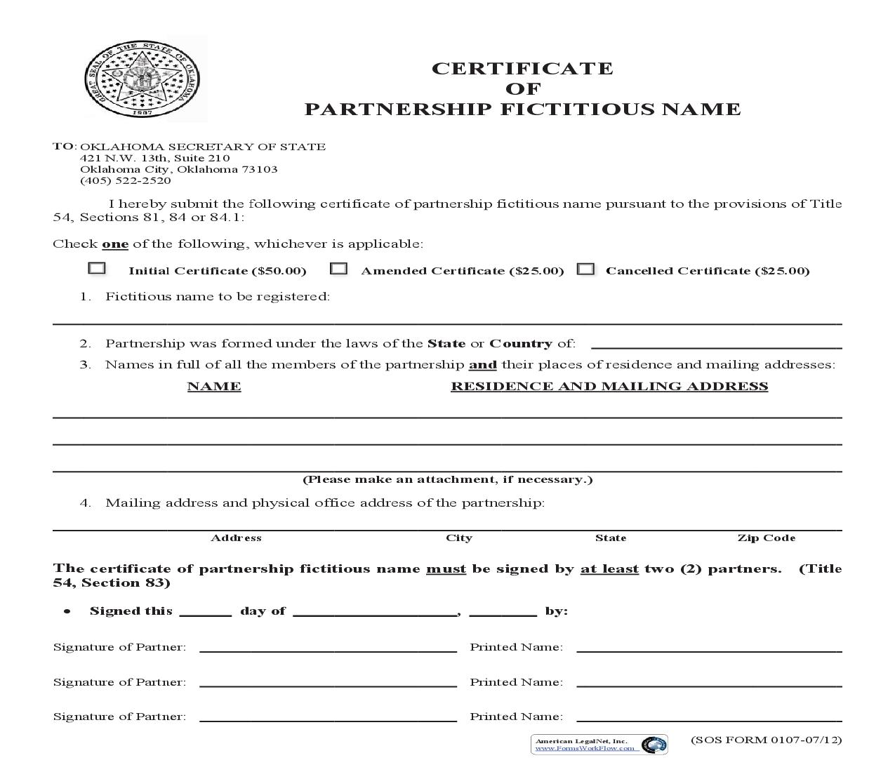 Certificate Of Partnership Fictitious Name {0107} | Pdf Fpdf Doc Docx | Oklahoma