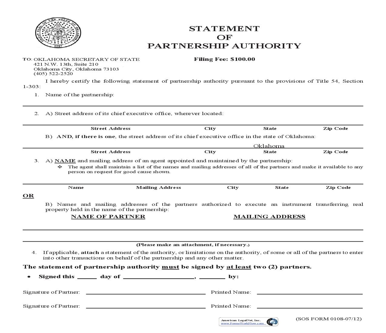 Statement Of Partnership Authority {0108} | Pdf Fpdf Doc Docx | Oklahoma