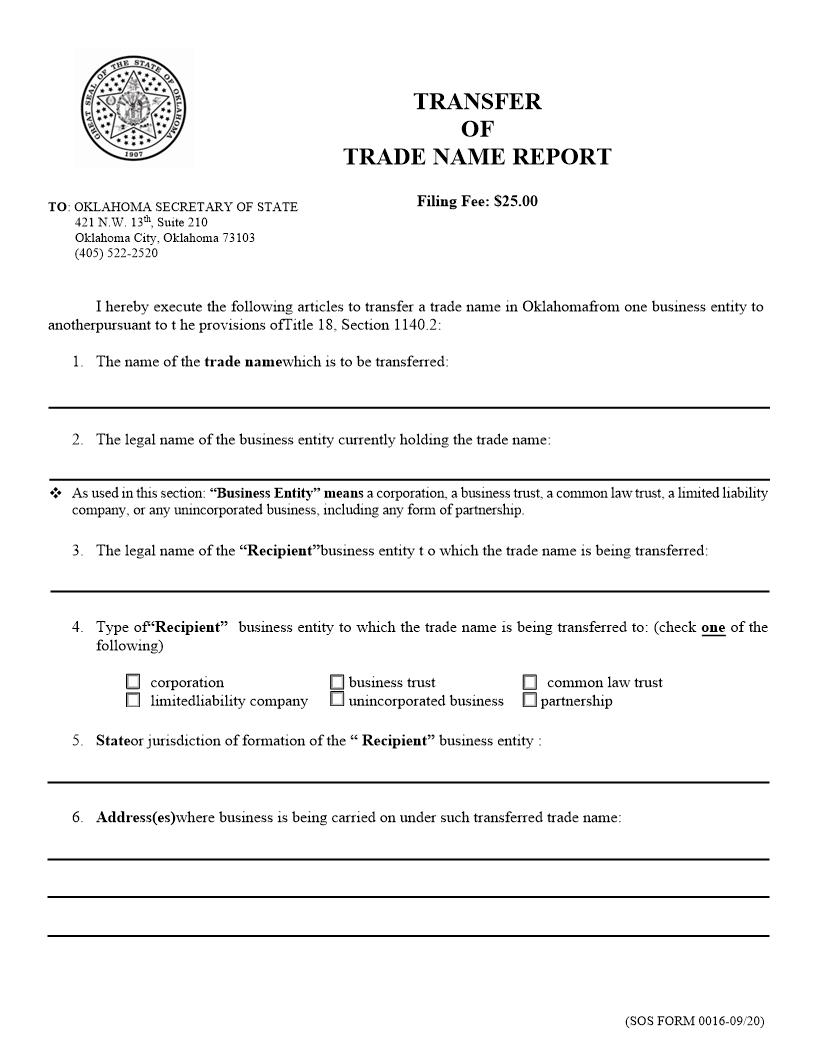 Transfer Of Trade Name Report {0016} | Pdf Fpdf Doc Docx | Oklahoma
