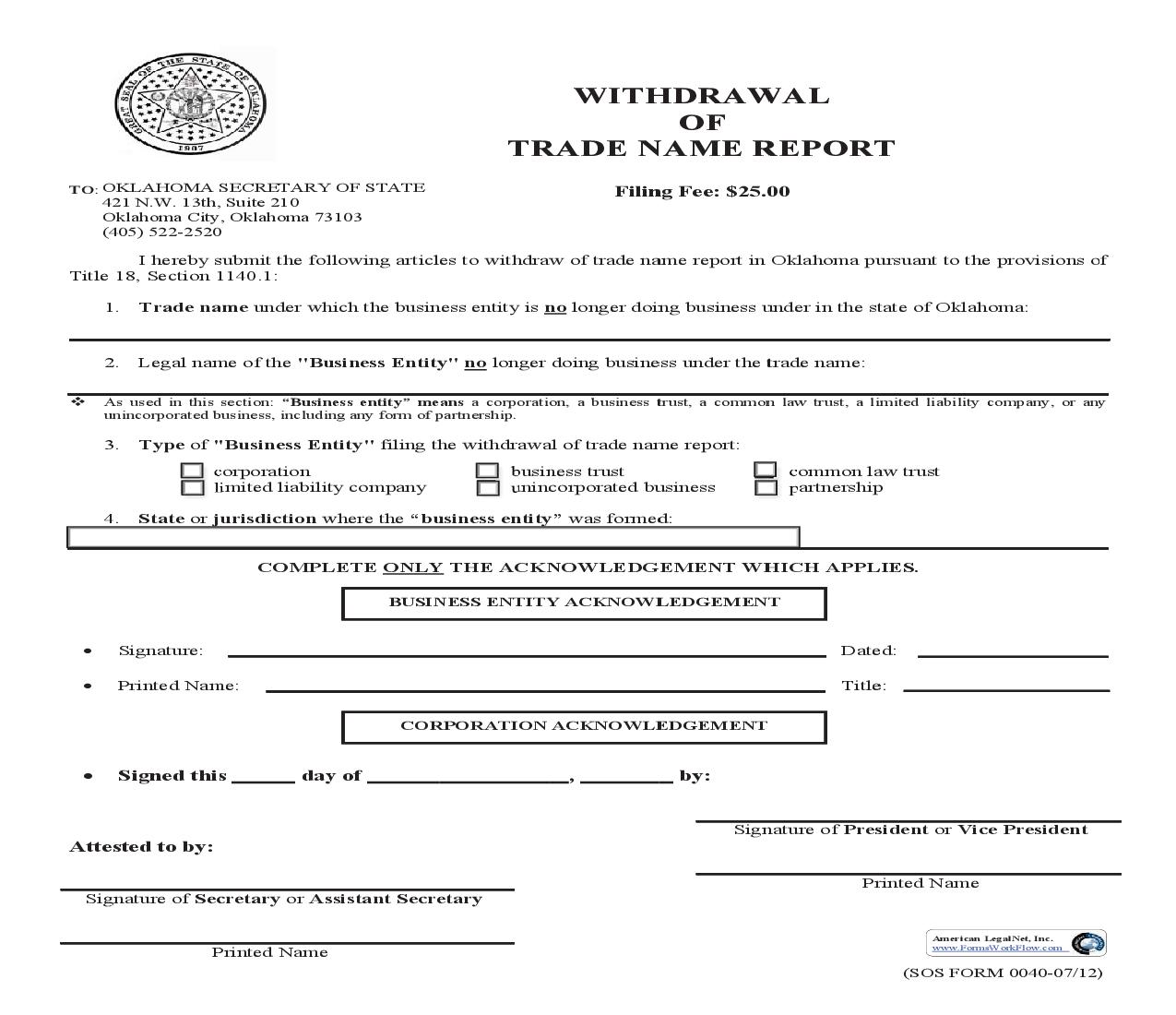 Withdrawal Of Trade Name Report {0040} | Pdf Fpdf Doc Docx | Oklahoma