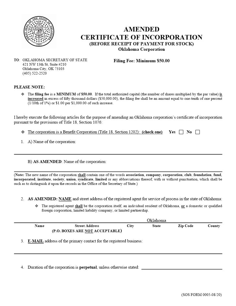 Amended Certificate Of Incorporation Before Receipt Of Payment of Stock {005} | Pdf Fpdf Doc Docx | Oklahoma