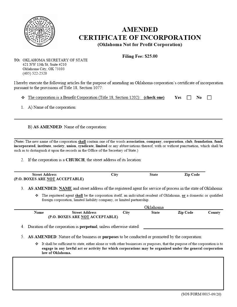 Amended Certificate Of Incorporation Not for Profit {0015} | Pdf Fpdf Doc Docx | Oklahoma