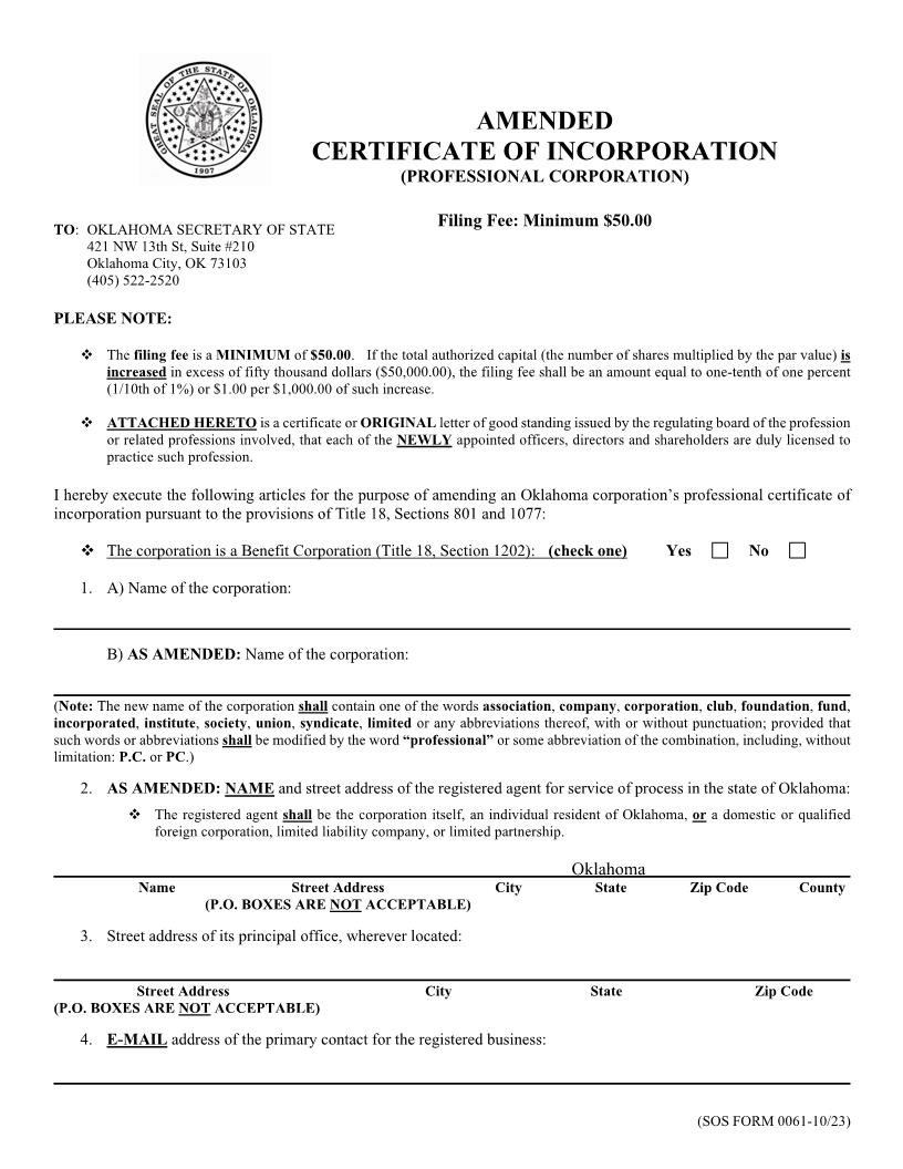 Amended Certificate Of Incorporation Professional Corporation {0061} | Pdf Fpdf Doc Docx | Oklahoma